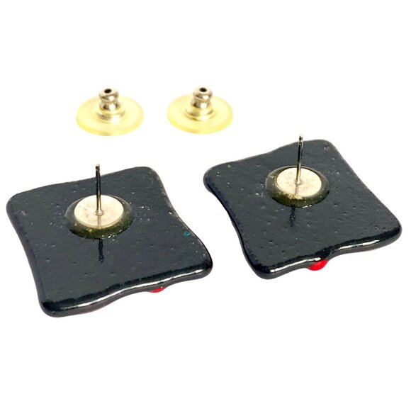 Abstract Geometric Fused Glass Gray Red Gold Black Lightweight Pierced Earrings - Picture 6 of 8